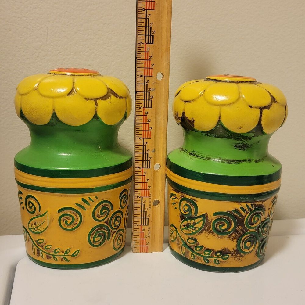 Vintage Large 6" Salt & Pepper Shakers Flowers MCM Yellow Green Japan